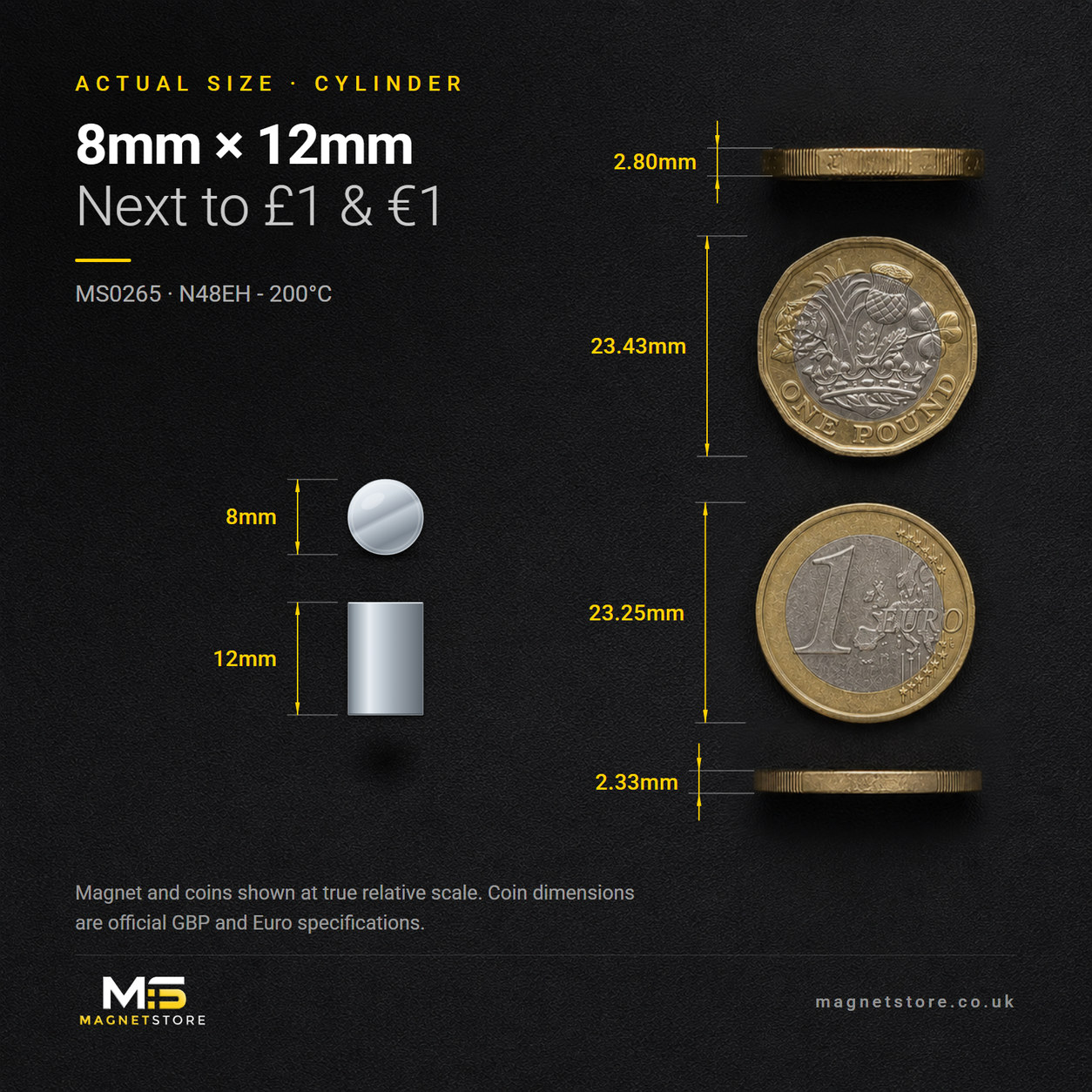 8mm x 12mm cylinder magnet, shown at actual size beside a UK one pound coin and a one euro coin for scale