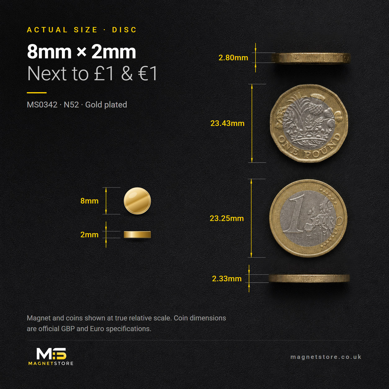 8mm x 2mm gold plated disc magnet, shown at actual size beside a UK one pound coin and a one euro coin for scale