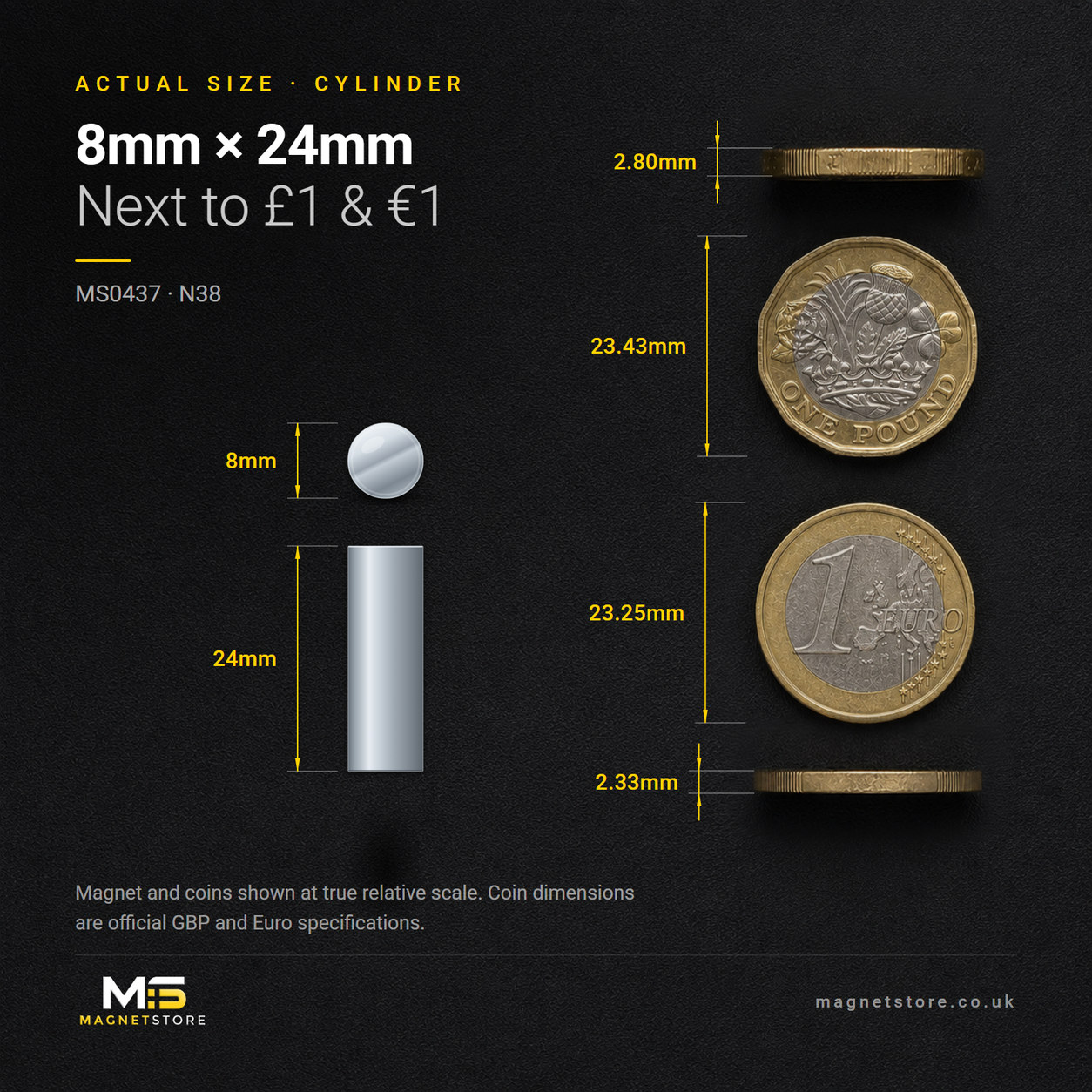 8mm x 24mm cylinder magnet, shown at actual size beside a UK one pound coin and a one euro coin for scale