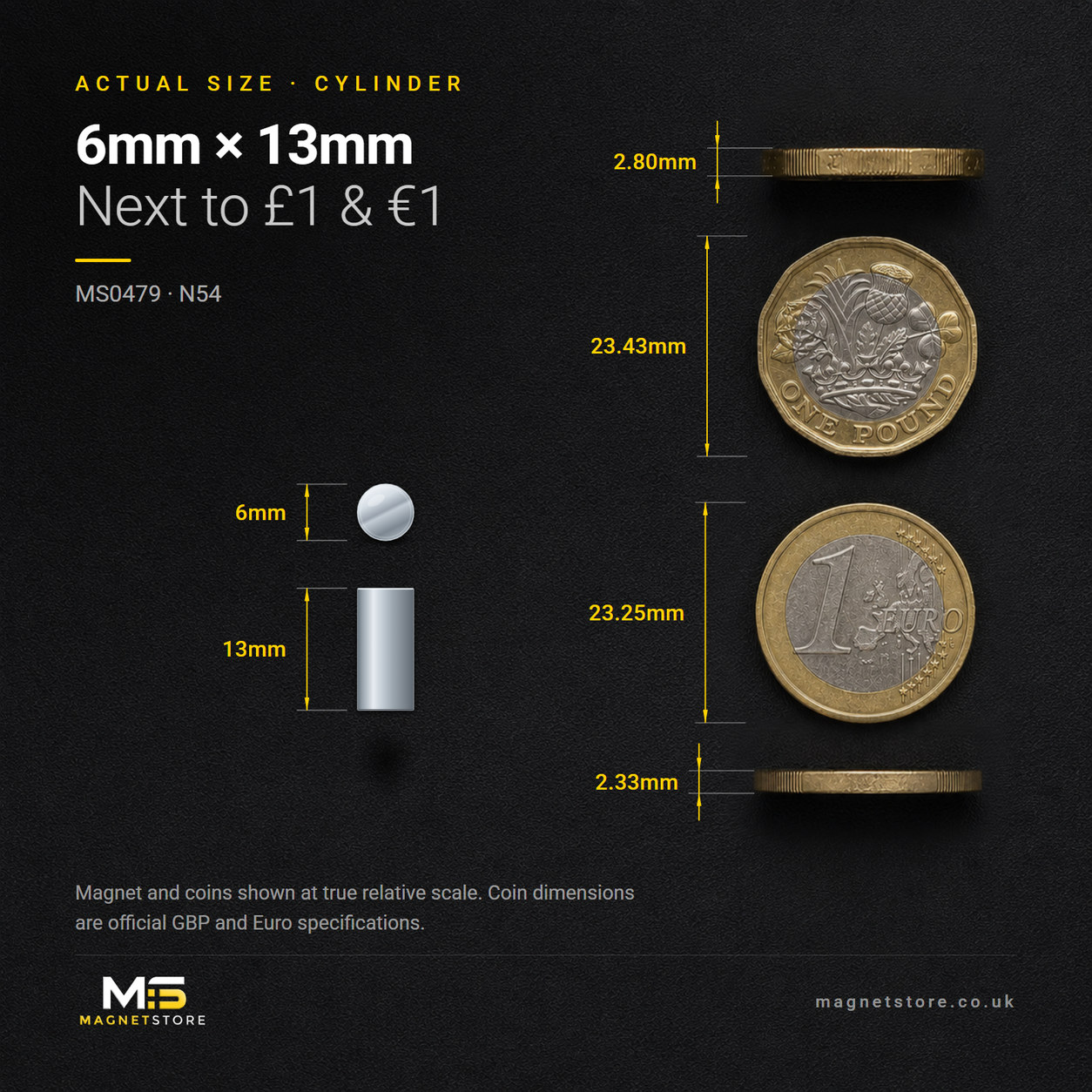 6mm x 13mm cylinder magnet, shown at actual size beside a UK one pound coin and a one euro coin for scale