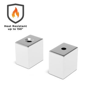 Countersunk neodymium block magnet 13.2mm x 12.7mm x 9.3mm with a 2.5mm countersunk hole, grade N45SH, Ni-Cu-Ni nickel coating, heat resistant up to 150°C.