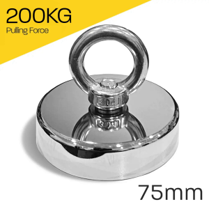 Heavy-duty fishing magnet brand Magnet Store 75mm Pot Magnet featuring a nickel-copper-nickel coating and an 200KG pull force, commonly used in for retrieving items from bodies of water such as canals and rivers.
