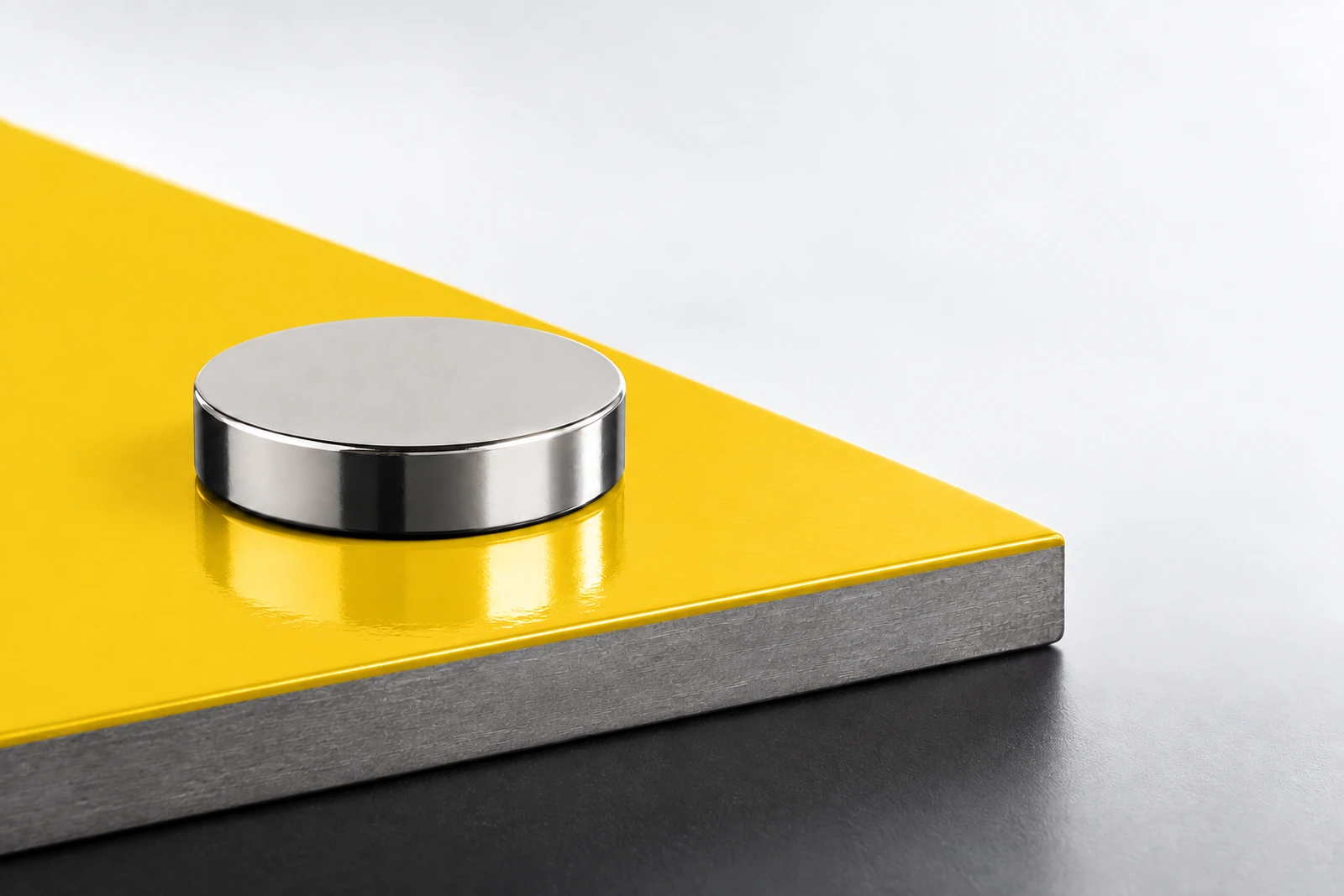 A disc magnet resting on painted steel, where the paint layer holds it slightly away from the metal